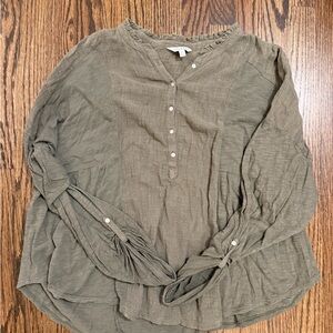Lucky Brand Olive Button-Up Blouse Peplum Swing